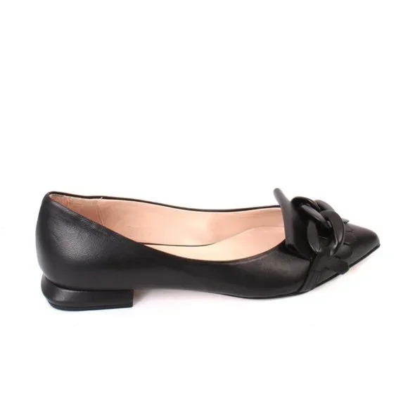 Fucsia 1000 Black Leather Buckle Pointy Flat Shoe - Picture 3 of 8